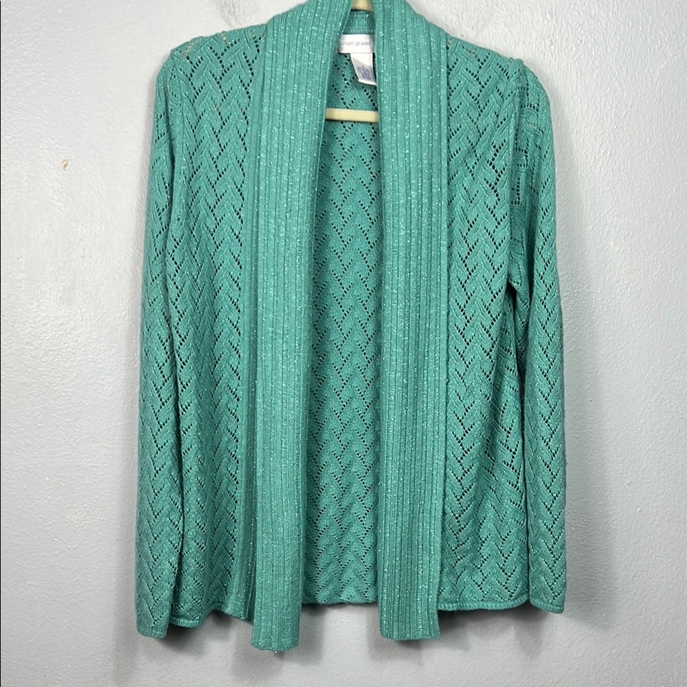 Susan Graver Style Aqua Green Metallic Thread Open Weave Cardigan Sweater Small